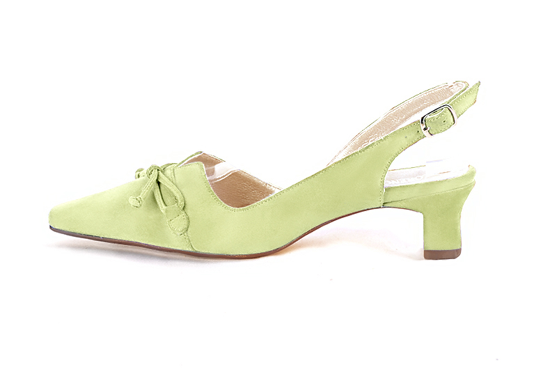 Meadow green women's open back shoes, with a knot. Tapered toe. Low kitten heels. Profile view - Florence KOOIJMAN